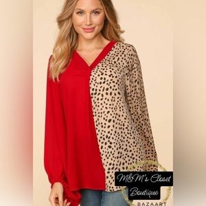 Beautiful Red/Leopard V-Neck Top